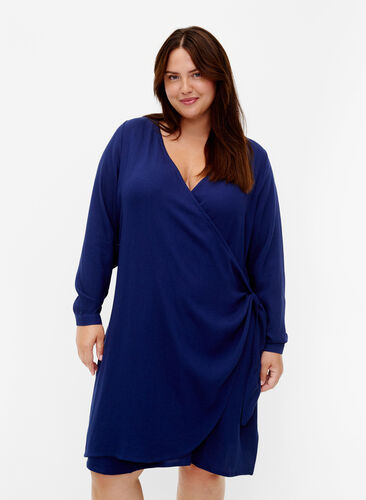 Zizzifashion Long sleeve viscose dress with a wrap look, Medieval Blue, Model image number 0