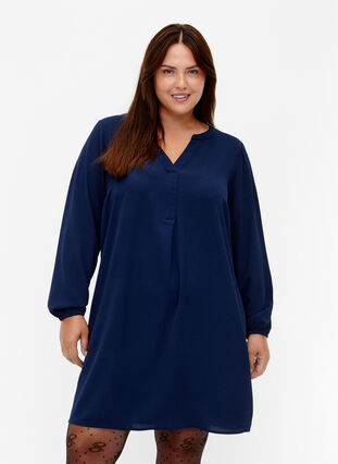 Zizzifashion Long-sleeved V-neck dress, Navy, Model image number 0