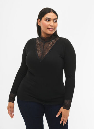 Zizzifashion Ribbed viscose blouse with lace, Black, Model image number 0