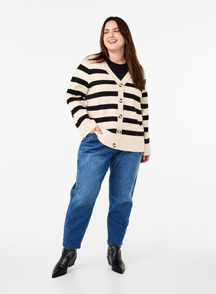 Zizzifashion Striped knitted cardigan with V-neck, Birch w. Black, Model image number 2