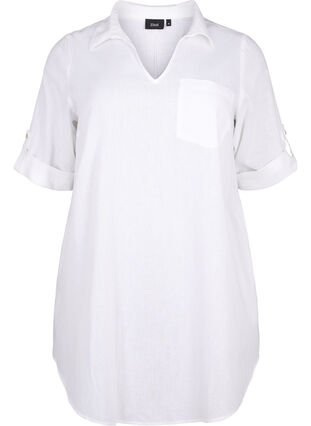 Zizzifashion Short-sleeved cotton blend tunic with linen, Bright White, Packshot image number 0