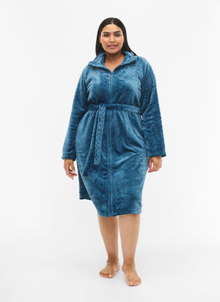 Zizzifashion Patterned dressing gown with zipper and pockets, Blue Coral, Model image number 2