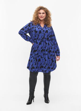 Zizzifashion Printed dress with drawstring at the waist, Black Blue AOP, Model image number 2