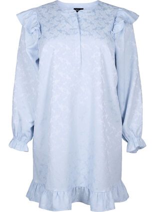 Zizzifashion Jacquard dress with long sleeves and ruffle detail, Ancient Water, Packshot image number 0