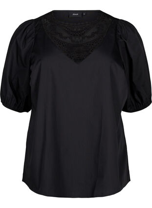 Zizzifashion Short-sleeved blouse with lace detail, Black, Packshot image number 0