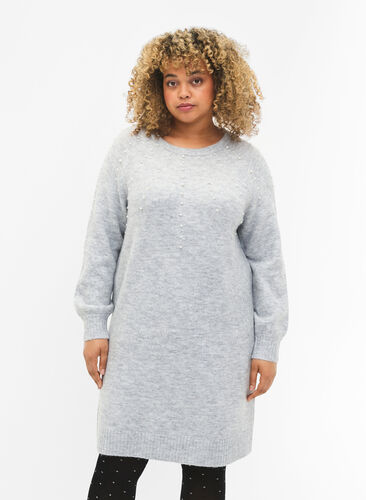 Zizzifashion Melange knitted dress with pearls, Light Grey Melange, Model image number 0