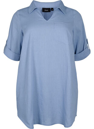 Zizzifashion Short-sleeved cotton blend tunic with linen, Faded Denim, Packshot image number 0