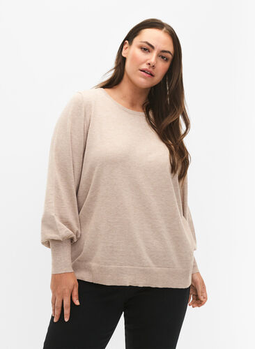 Zizzifashion Knitted blouse with viscose and balloon sleeves, Simply Taupe Mel., Model image number 0