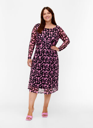 Zizzifashion Floral mesh dress with long sleeves, Black Pink AOP, Model image number 2