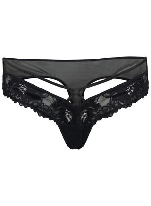 Zizzifashion Lace thong with string and mesh, Black, Packshot image number 0