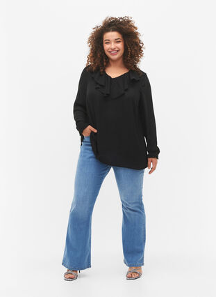 Zizzifashion Long sleeve ruffle blouse, Black, Model image number 2