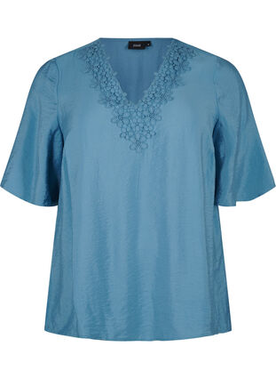 Zizzifashion Viscose blouse with v-neck and embroidery detail, Blue Heaven, Packshot image number 0