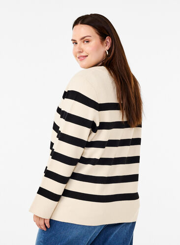 Zizzifashion Striped knitted cardigan with V-neck, Birch w. Black, Model image number 1