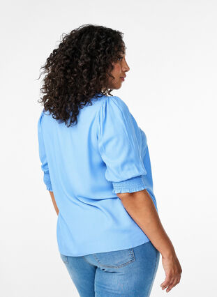 Zizzifashion Viscose blouse with smock and ruffle detail, Cornflower Blue, Model image number 1