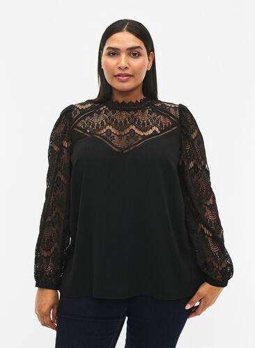 Zizzifashion Long sleeve blouse with lace, Black, Model image number 0