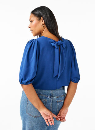 Zizzifashion Short-sleeved blouse with a bow at the back, Estate Blue, Model image number 1