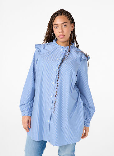 Zizzifashion Striped tunic with ruffle details, Princess Blue W. St., Model image number 0