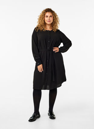 Zizzifashion Long-sleeved dress with tie string, Black, Model image number 2