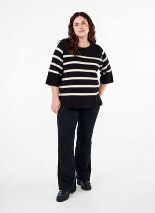 Zizzifashion 3/4 sleeve knitted blouse with stripes, Black Birch Stripes, Model image number 2