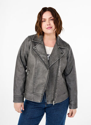 Zizzifashion Distressed imitation leather jacket, Dark Grey Wash, Model image number 0