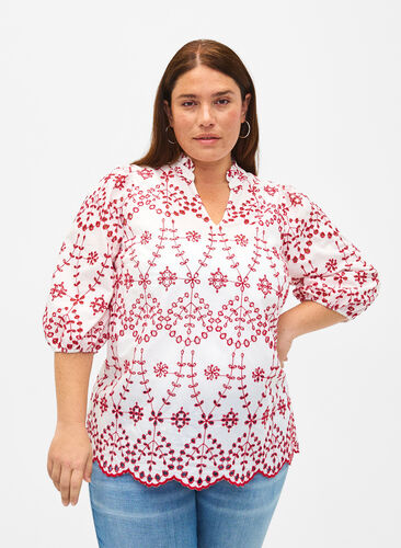 Zizzifashion 3/4 sleeve blouse with contrasting anglais embroidery, White w. Red, Model image number 0