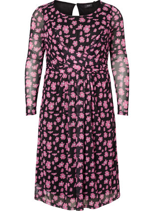 Zizzifashion Floral mesh dress with long sleeves, Black Pink AOP, Packshot image number 0