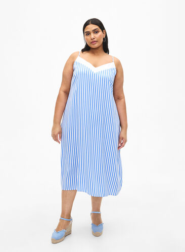 Zizzifashion FLASH - Striped strap dress in viscose, L. Blue White Stripe, Model image number 0