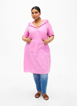 Zizzifashion Cotton blend hooded dress with linen, Rosebloom, Model image number 2