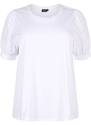 Zizzifashion Organic cotton blouse with broderie anglaise sleeves, Bright White, Packshot image number 0