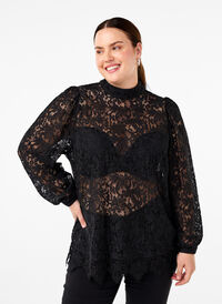 Lace blouse with bow detail, Black, Model