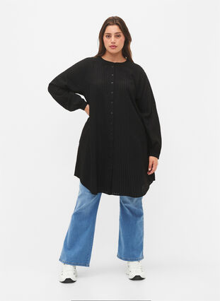 Zizzifashion Long viscose shirt with striped pattern, Black, Model image number 2