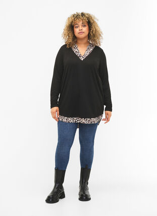 Zizzifashion Long sleeve blouse with look a-like shirt, Black Leo AOP, Model image number 2