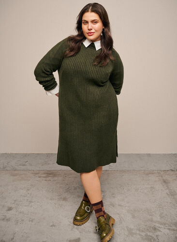 Zizzifashion Ribbed Knit Dress with Turtleneck, Forest Night Mel., Image image number 0