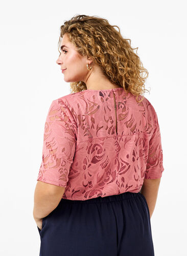 Zizzifashion Lace blouse with short sleeves, Dusty Rose, Model image number 1