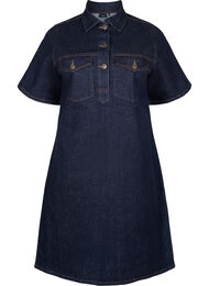 Denim dress with short sleeves and chest pockets, Dark Blue Denim, Packshot