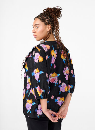 Zizzifashion Floral blouse with round neck and zip, Black w. Flower AOP, Model image number 0