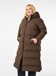 Long puffer winter coat with hood, Chocolate Brown, Model