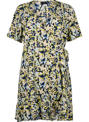 Zizzifashion Printed wrap dress with short sleeves, Blazing Yellow AOP, Packshot image number 0