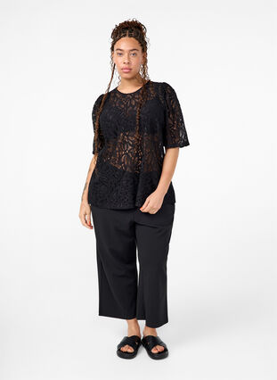 Zizzifashion Lace blouse with short sleeves, Black, Model image number 2