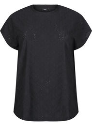 Blouse with short sleeves and floral embroidery, Black, Packshot