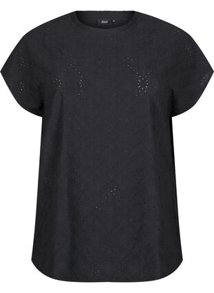 Zizzifashion Blouse with short sleeves and floral embroidery, Black, Packshot image number 0