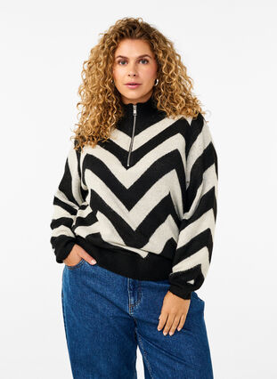 Zizzifashion High neck knitted sweater with zipper, Black Birch Stripe, Model image number 0