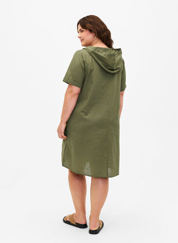 Zizzifashion Cotton blend hooded dress with linen, Deep Lichen Green, Model image number 1