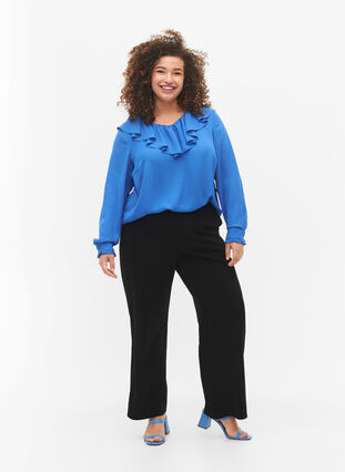 Zizzifashion Long sleeve ruffle blouse, Strong Blue, Model image number 2