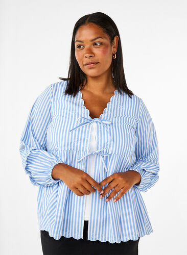 Zizzifashion Striped blouse with open front and embroidery details, C. Blue White Stripe, Model image number 0