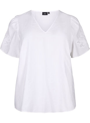 Zizzifashion Short sleeve viscose blouse with embroidery, Bright White, Packshot image number 0