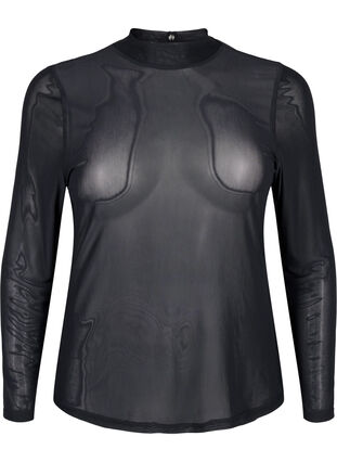 Zizzifashion Fitted mesh blouse with long sleeves, Black, Packshot image number 0