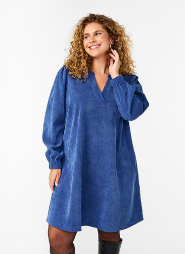 Zizzifashion Short velvet dress with long sleeves, Sodalite Blue, Model image number 0