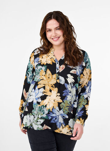 Zizzifashion Long-sleeved blouse with floral print, Yellow Flower AOP, Model image number 0