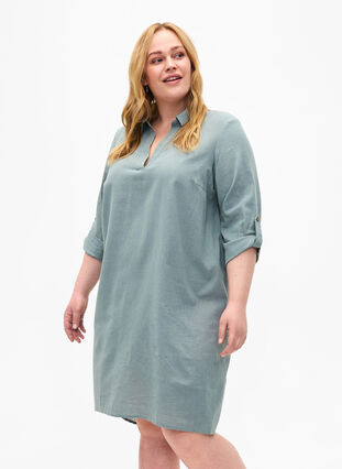 Zizzifashion Dress with a V-neck in cotton and linen, Chinois Green, Model image number 0